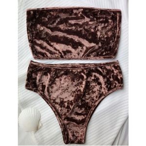 High Leg Velvet Bandeau Bikini Set - Coffee